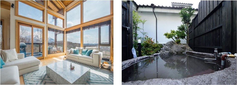 左：北海道・ニセコ　緑に囲まれた別荘　右：九州・湯布院　露天風呂付き一軒家