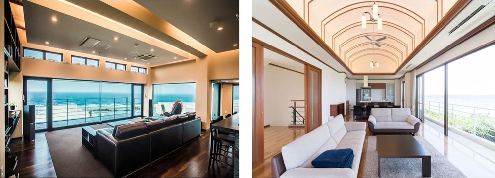 左：沖縄・崎山　ジャグジーのある豪邸　右：沖縄・崎山　オーシャンビューの豪邸